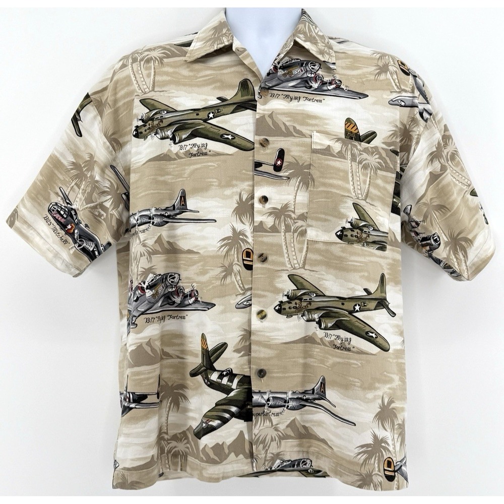 Vintage Monzini Collection Hawaiian Shirt WWII Aircraft B-17 B-24 Made USA XL